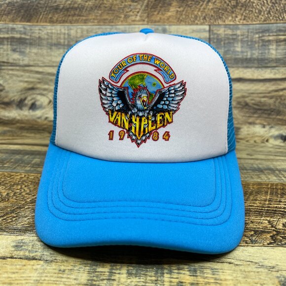 Van Halen 1984 Tour Of The World Mens Trucker Hat Blue Snapback Rock Ball Cap - Picture 2 of 8